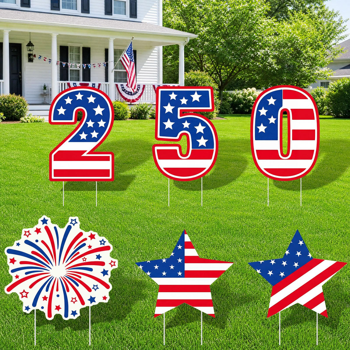 Fuutreo front view of six 250th yard signs showing patriotic impact
