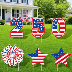 Fuutreo front view of six 250th yard signs showing patriotic impact