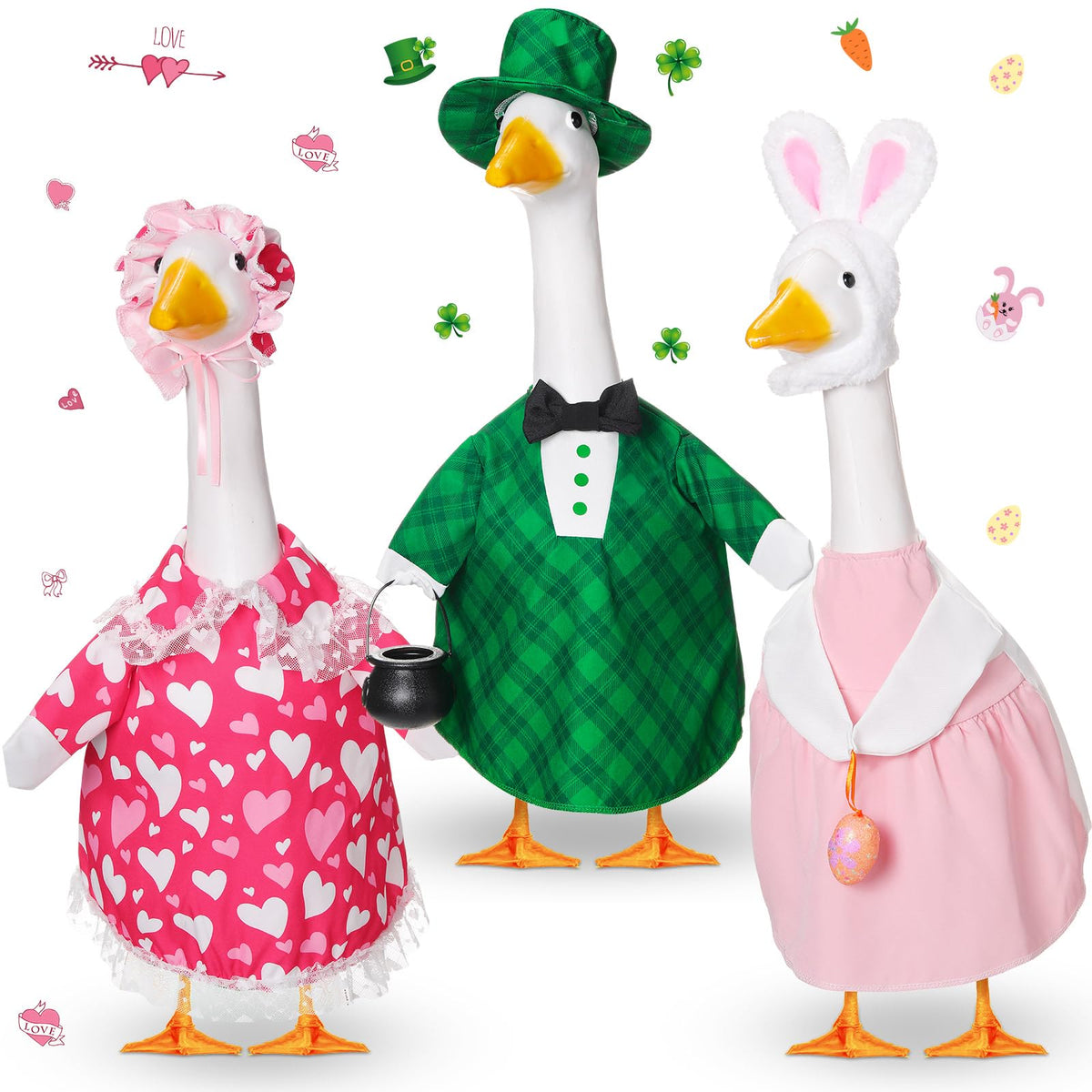 FuWeave front view of three packaged goose costumes showing all holiday sets, festive curb appeal
