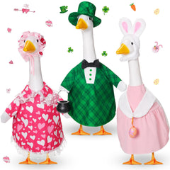 FuWeave front view of three packaged goose costumes showing all holiday sets, festive curb appeal
