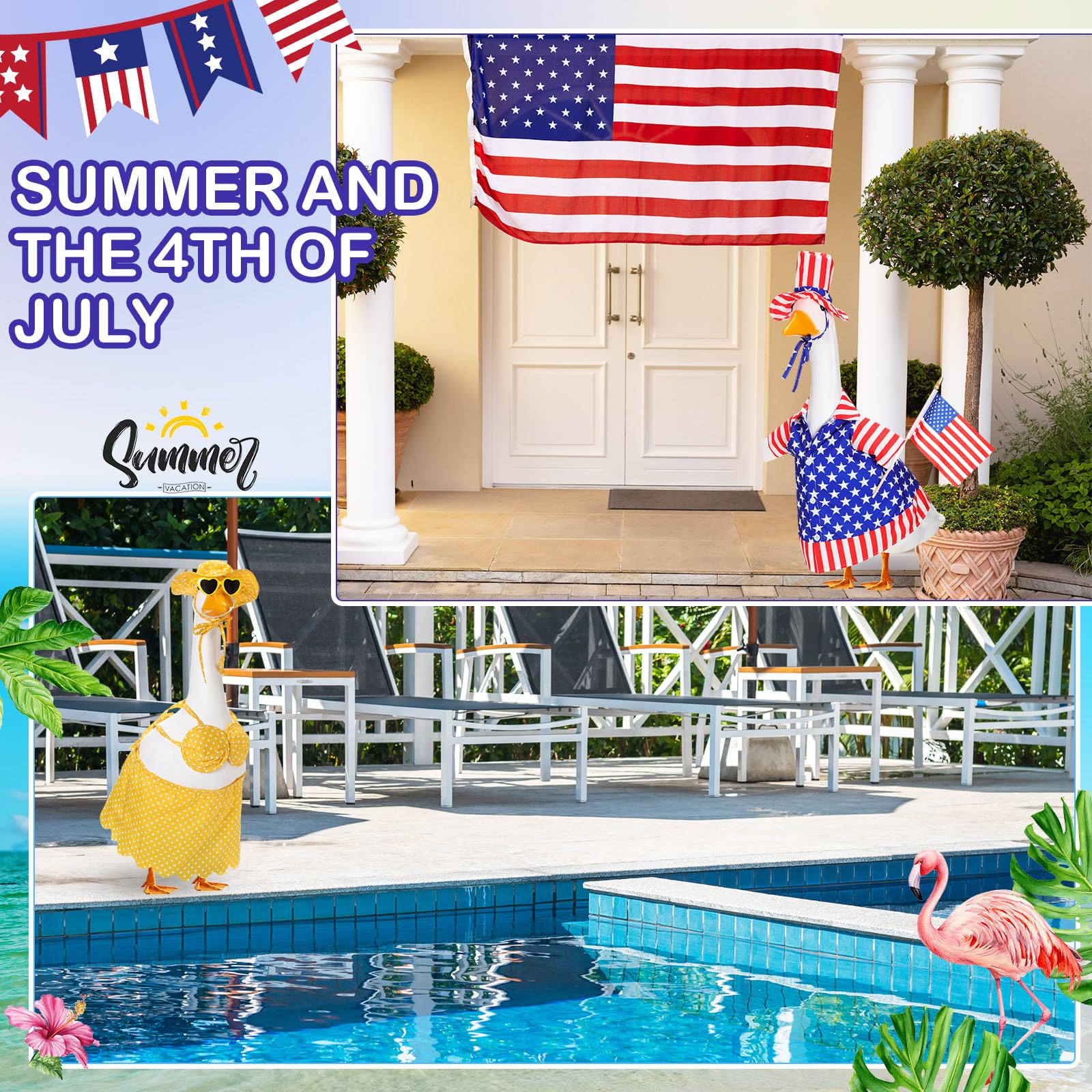 FuWeave goose wearing summer 4th of July outfit placed on porch for seasonal charm