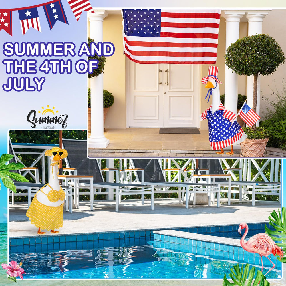 FuWeave goose wearing summer 4th of July outfit placed on porch for seasonal charm