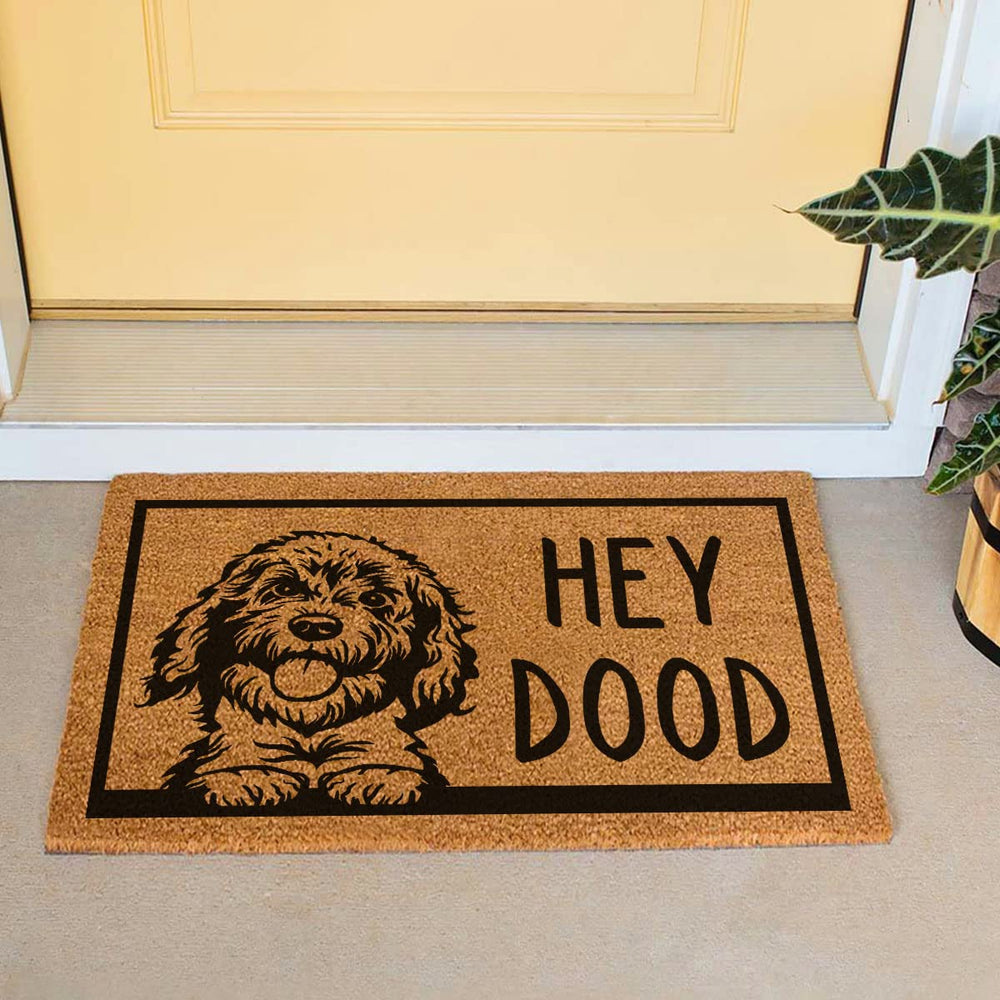 FUXKZJ front view of doormat showing playful Golden Doodle design and welcome benefit