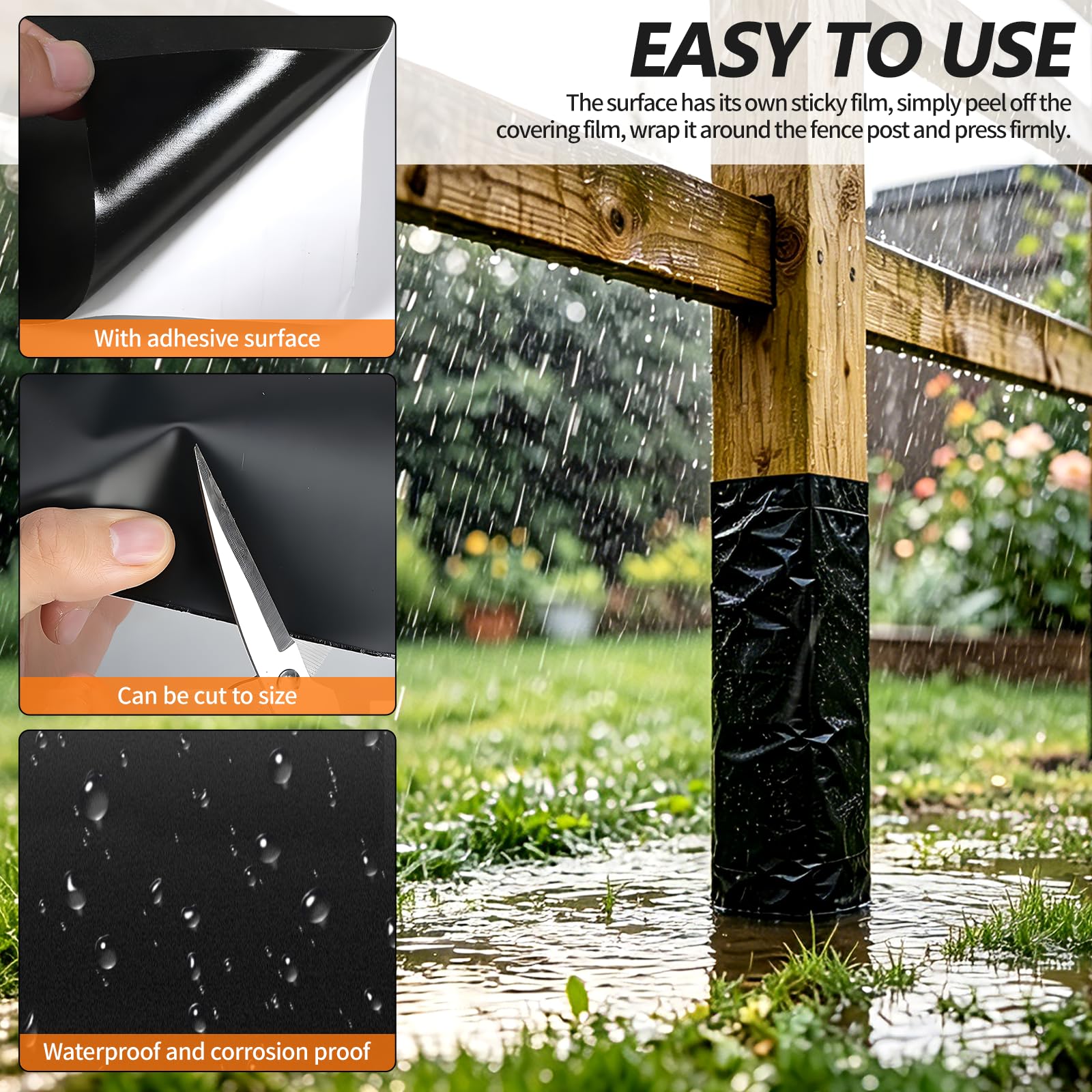 FUYITE protector wrapped on a 4x4 wooden post showing moisture barrier