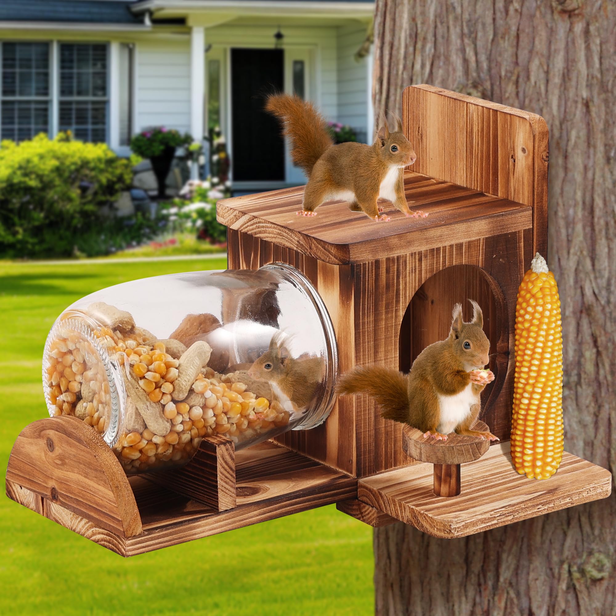 Fuzzipet front view of wooden squirrel feeder showing jar and perches, inviting backyard visits