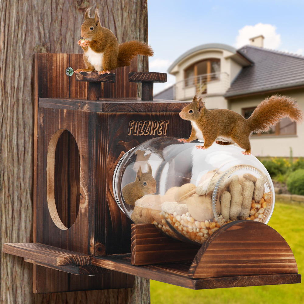 Fuzzipet front view of squirrel feeder showing entrance and roof, durable appeal