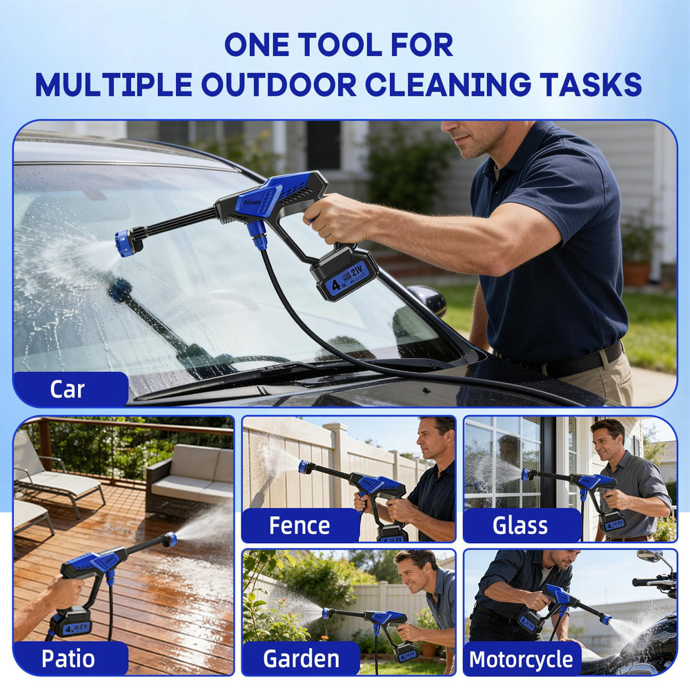 Fvrnoss in use washing a car demonstrating cordless outdoor cleaning