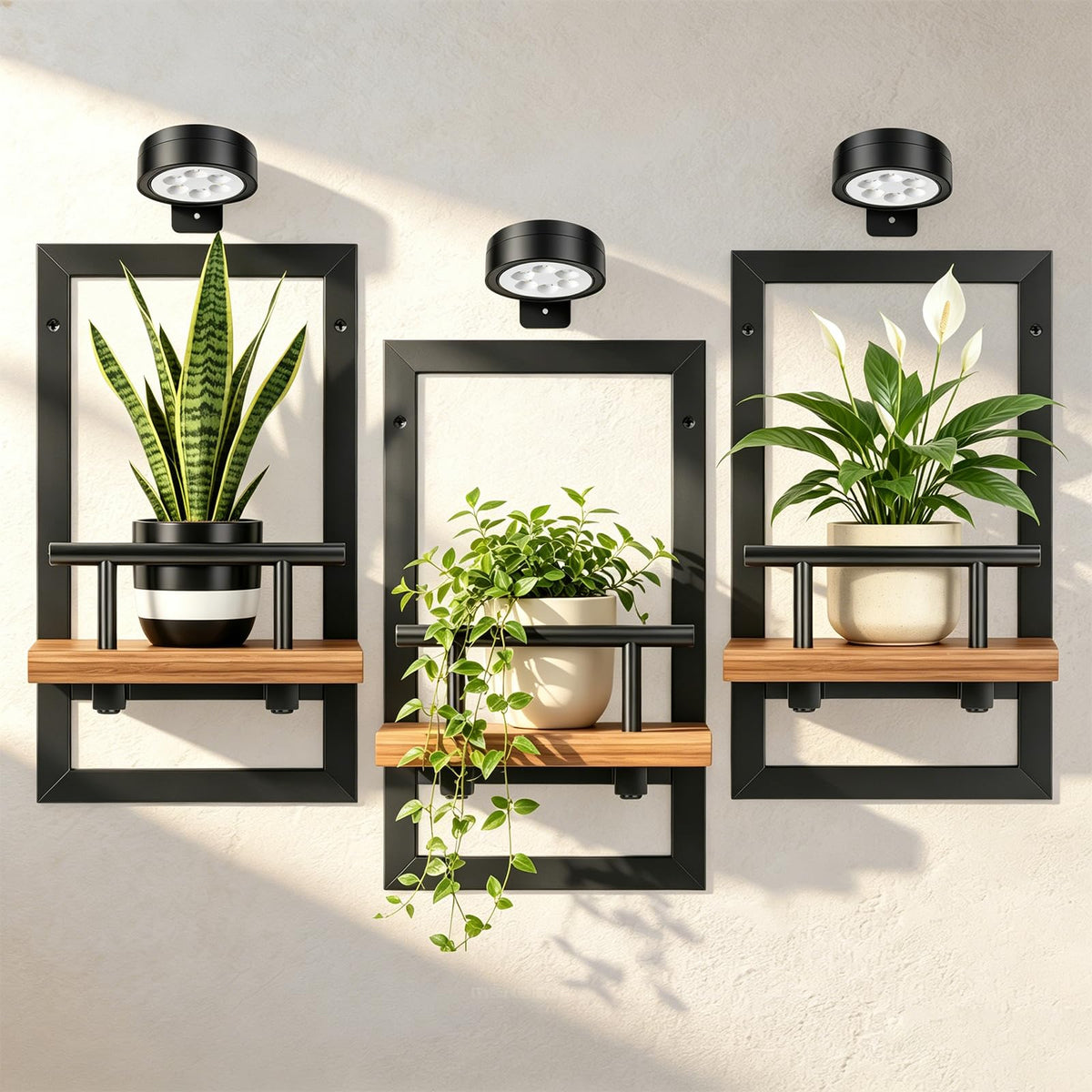 Fxacyem front view of three floating plant shelves showing setup and design benefit