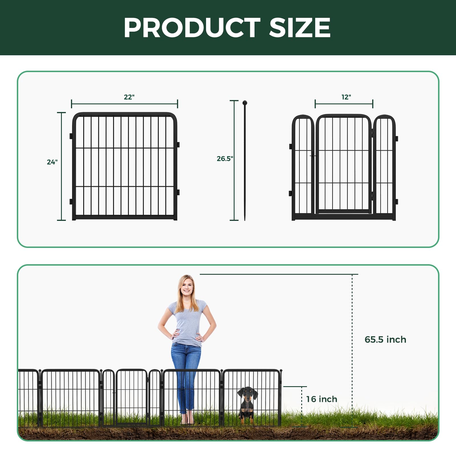 FXW fence beside a shoe showing 24-inch height and 7.6-foot span scale