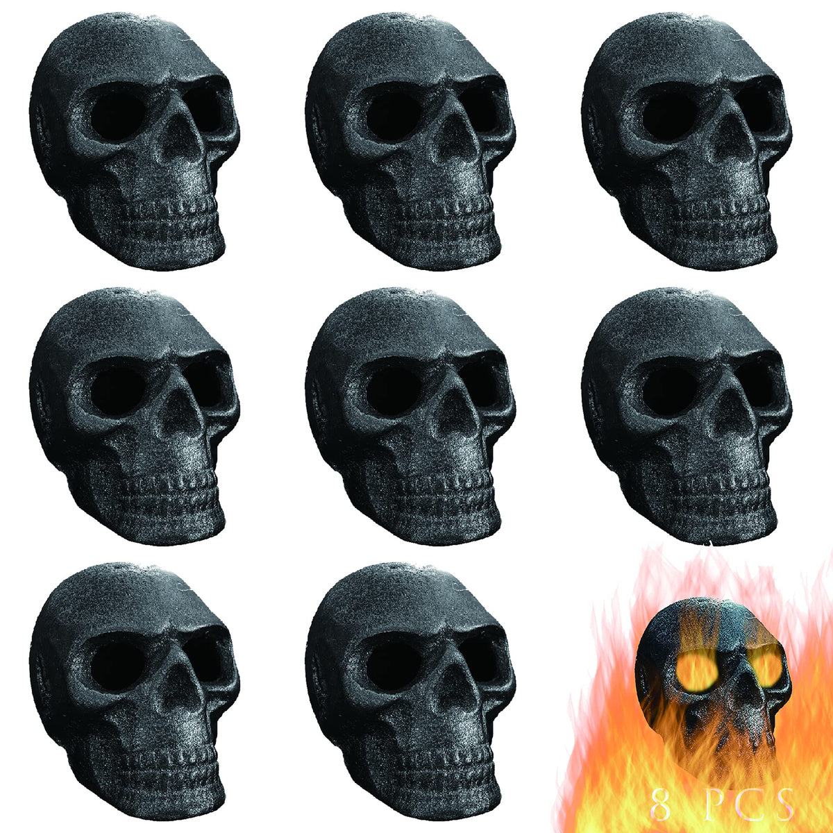 FYZTCOCPT front-view of eight metal skulls showing realistic texture and durable finish