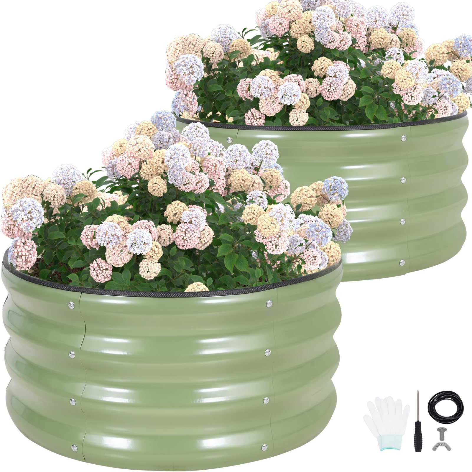 G GOOD GAIN front view of olive green round raised bed showing size and finish benefit