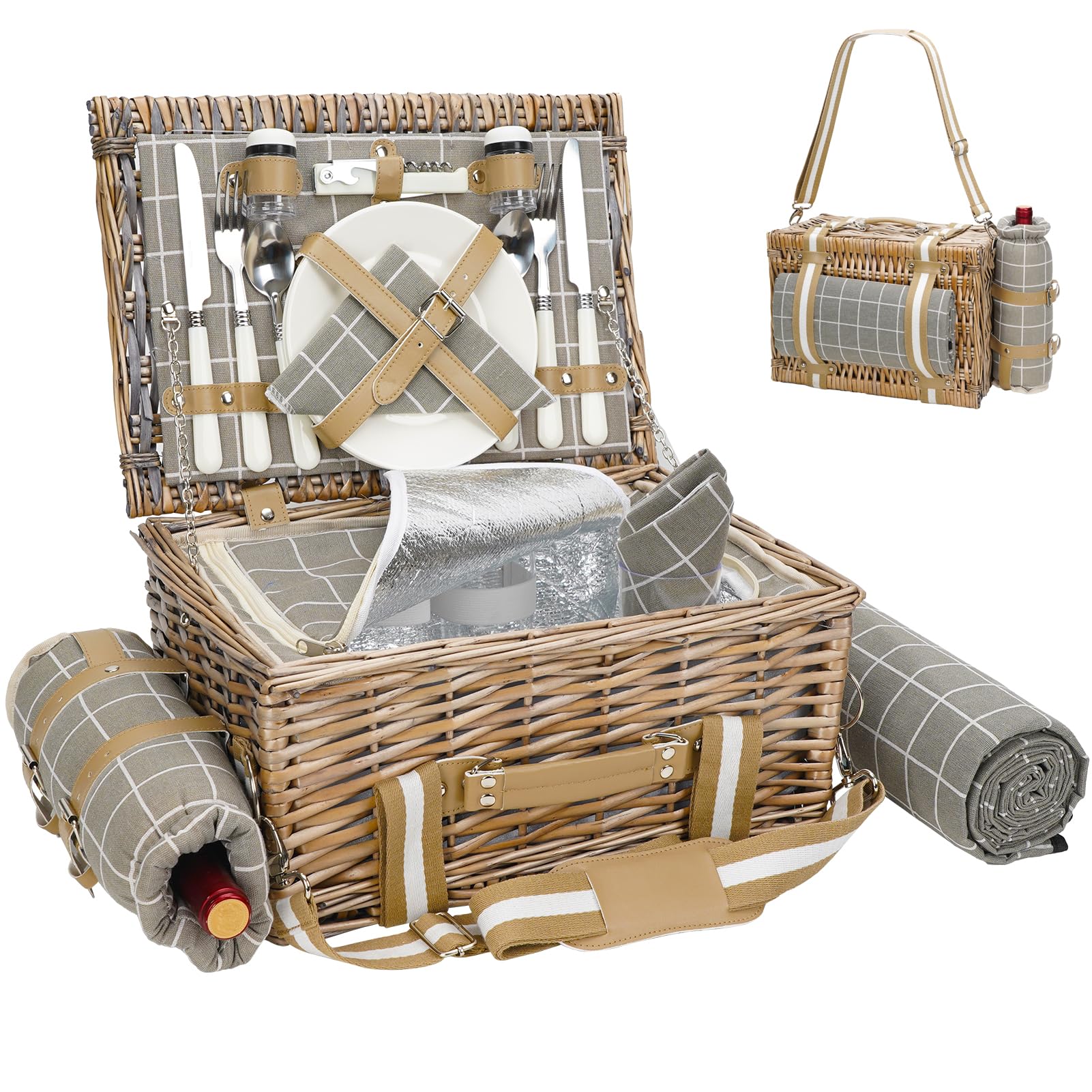 G GOOD GAIN front view of wicker picnic basket showing straps and grey-check detail, stylish carry