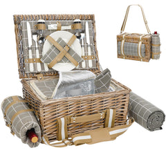 G GOOD GAIN front view of wicker picnic basket showing straps and grey-check detail, stylish carry