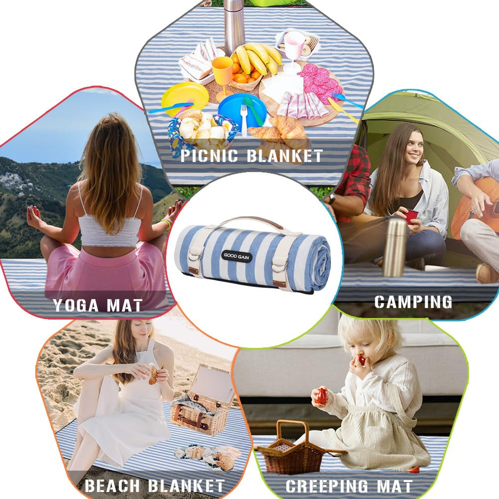 G GOOD GAIN lifestyle beach setup showing sand-free relaxation and family use