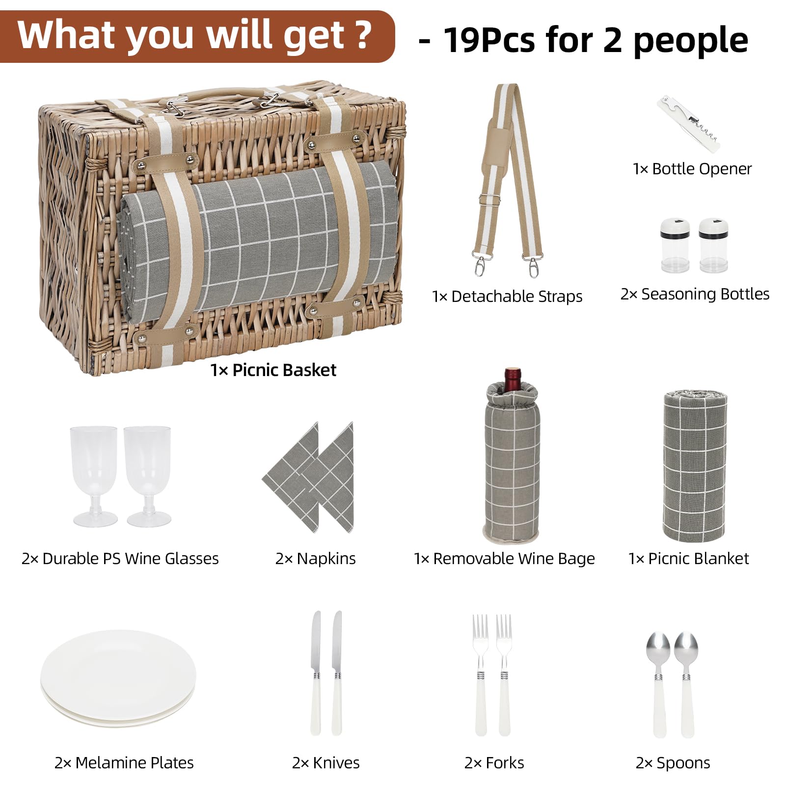G GOOD GAIN open basket displaying 19-piece set inside, organized for easy outdoors dining