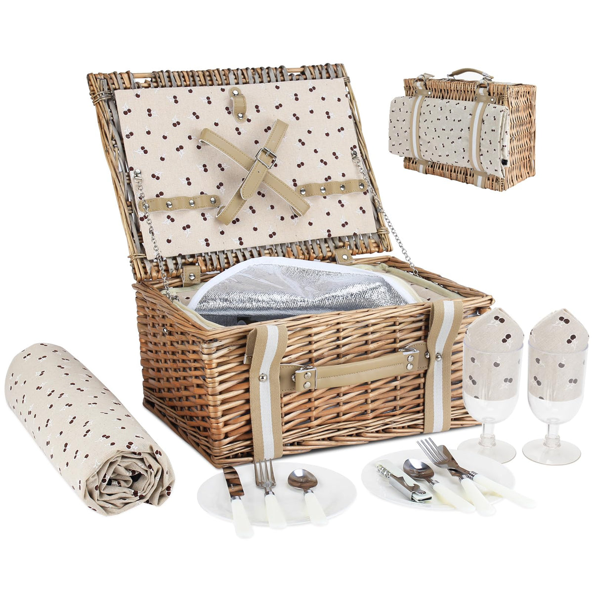 G GOOD GAIN wicker picnic basket front view showing roomy storage and stylish straps