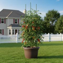 G-LEAF stake supporting a tomato plant in garden, healthier upright growth