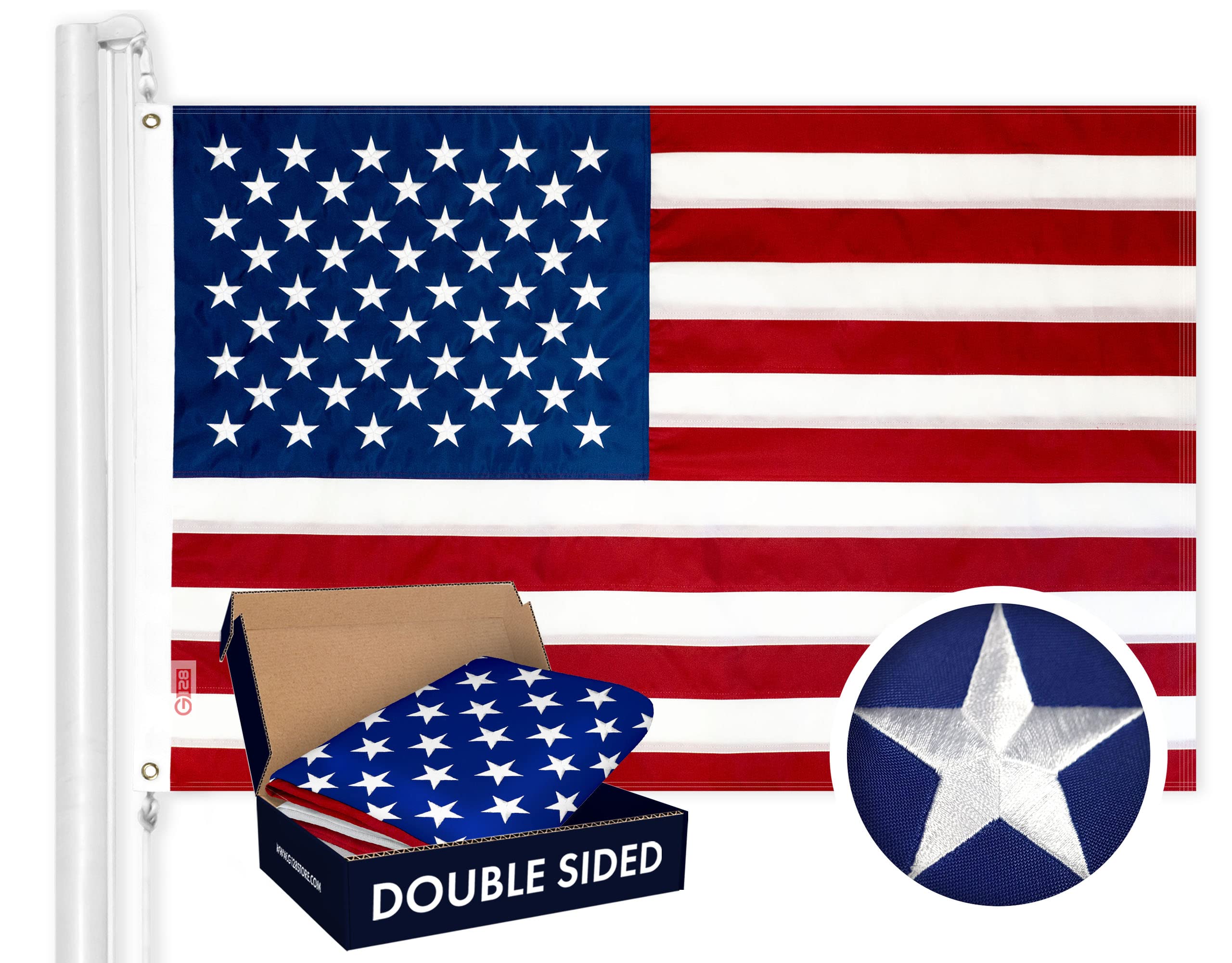 G128 front view of 3x5 ft flag showing embroidered stars and sewn stripes for a crisp look
