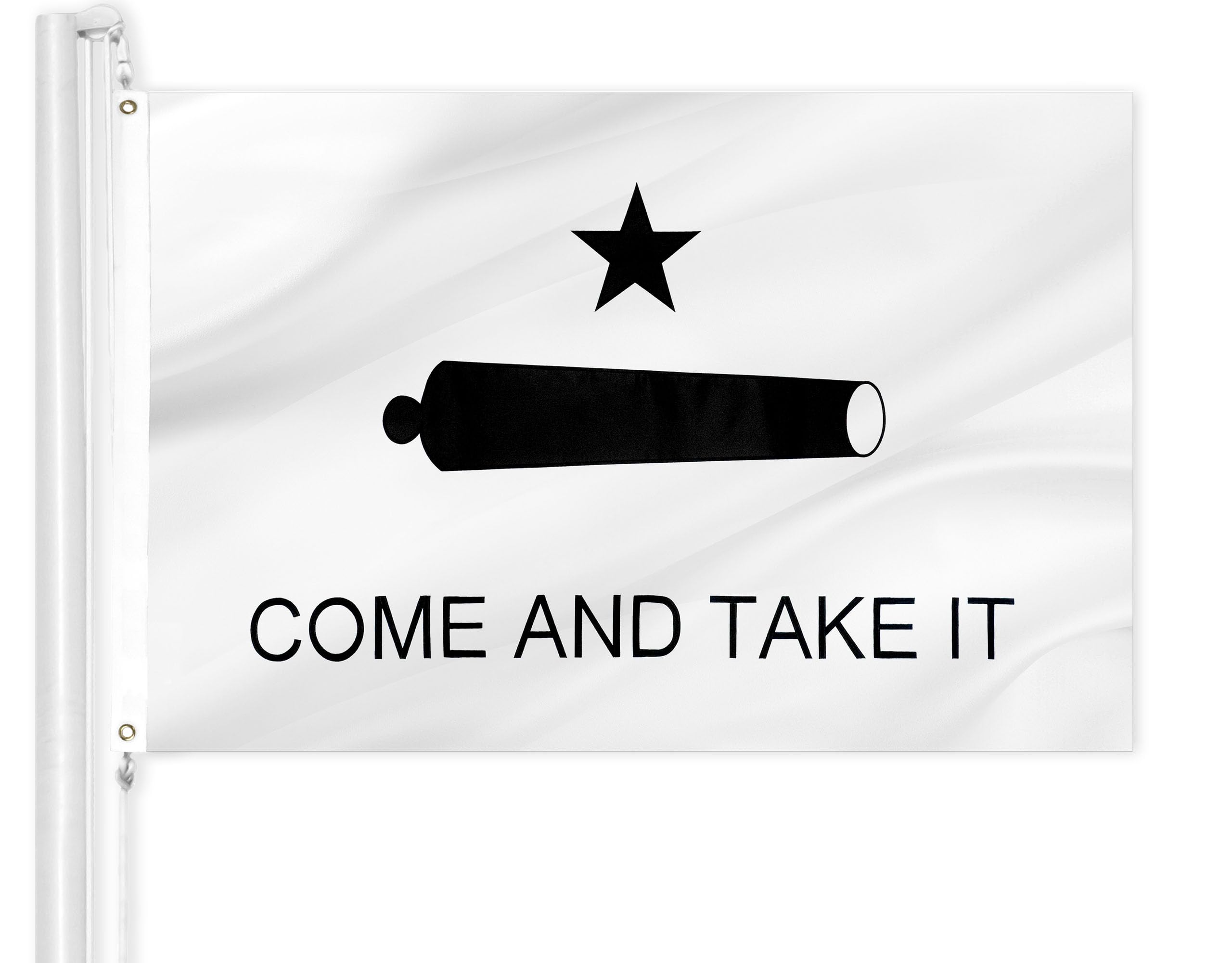G128 flag front view showing embroidered cannon design and clear lettering for bold display