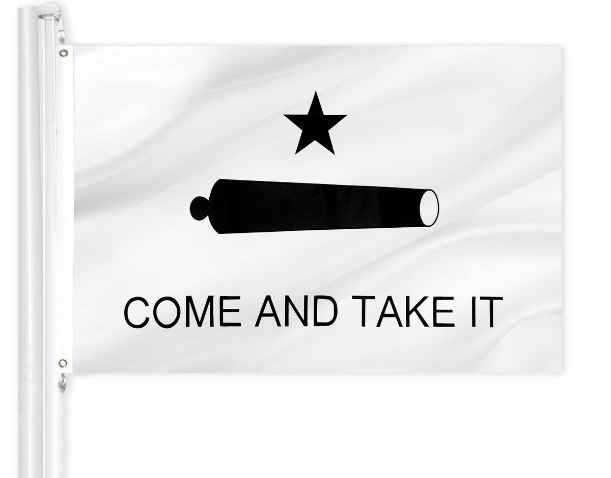 G128 flag front view showing embroidered cannon design and clear lettering for bold display