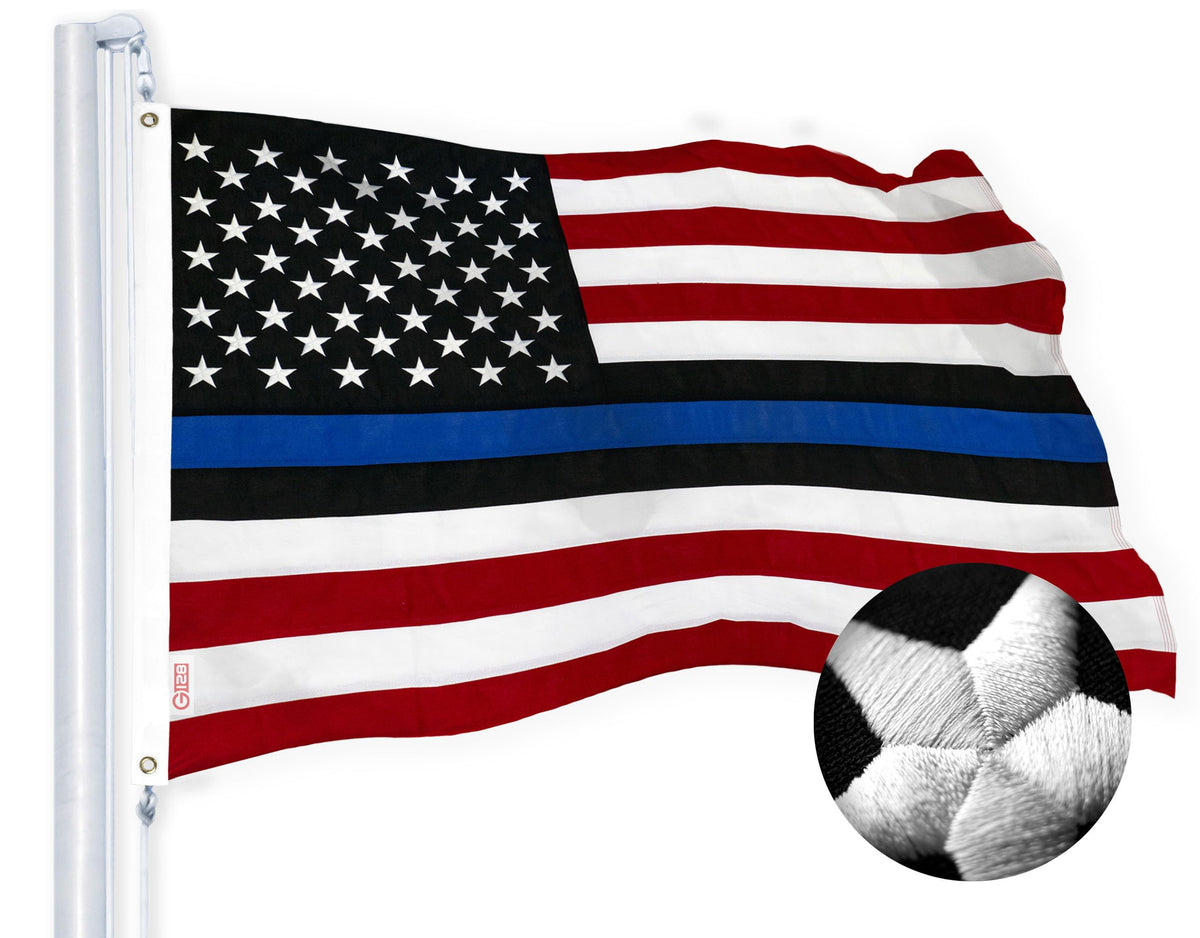 G128 flag front view showing bold Blue Lives Matter emblem and vivid colors for clear support