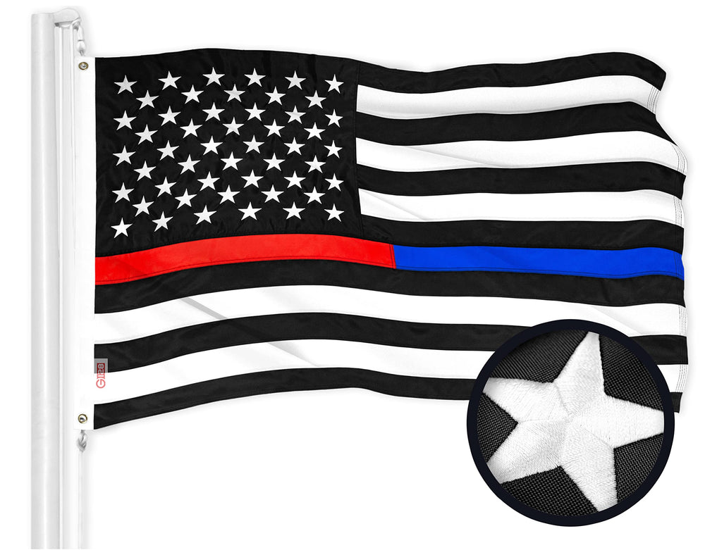 G128 flag front view showing bold thin blue and red lines and vivid contrast