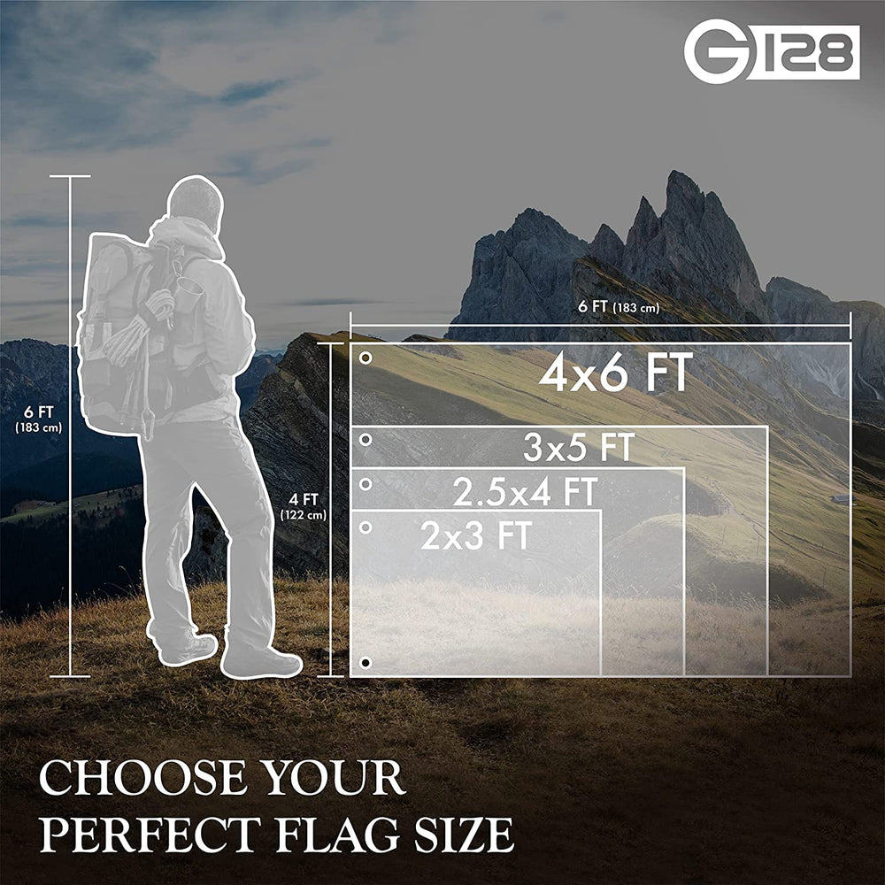 G128 flag scale beside door illustrating true 3x5 ft size