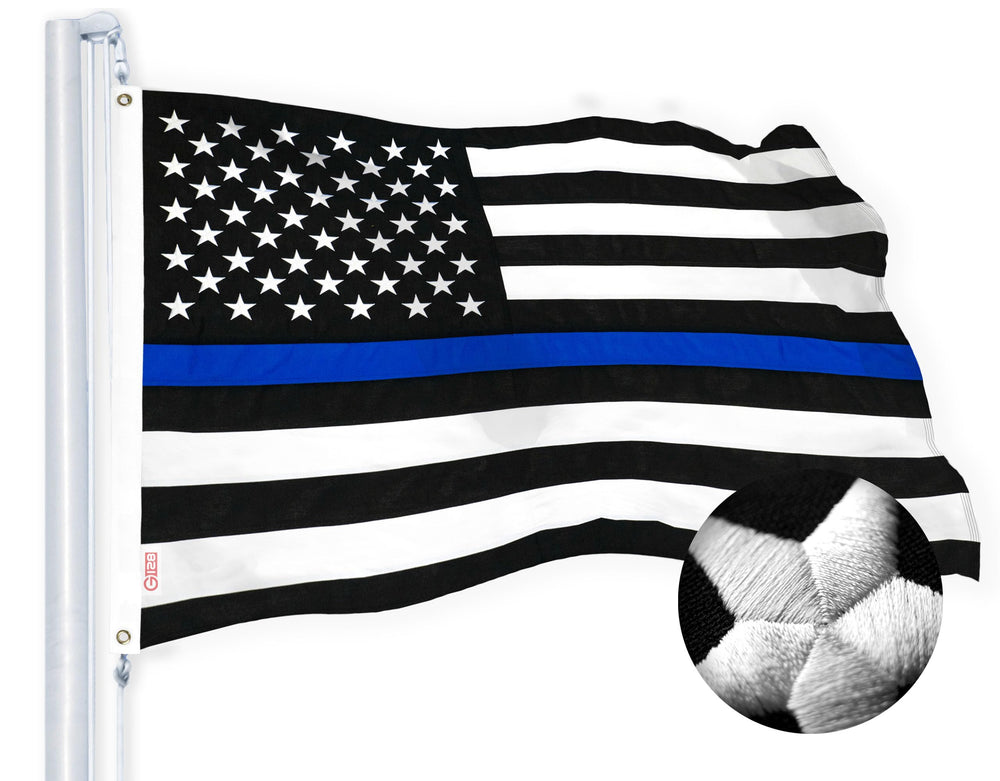 G128 front view of 3x5 ft Thin Blue Line flag showing bold contrast and honor