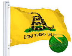 G128 front view of Gadsden flag showing embroidered rattlesnake and bold text benefit: clear display