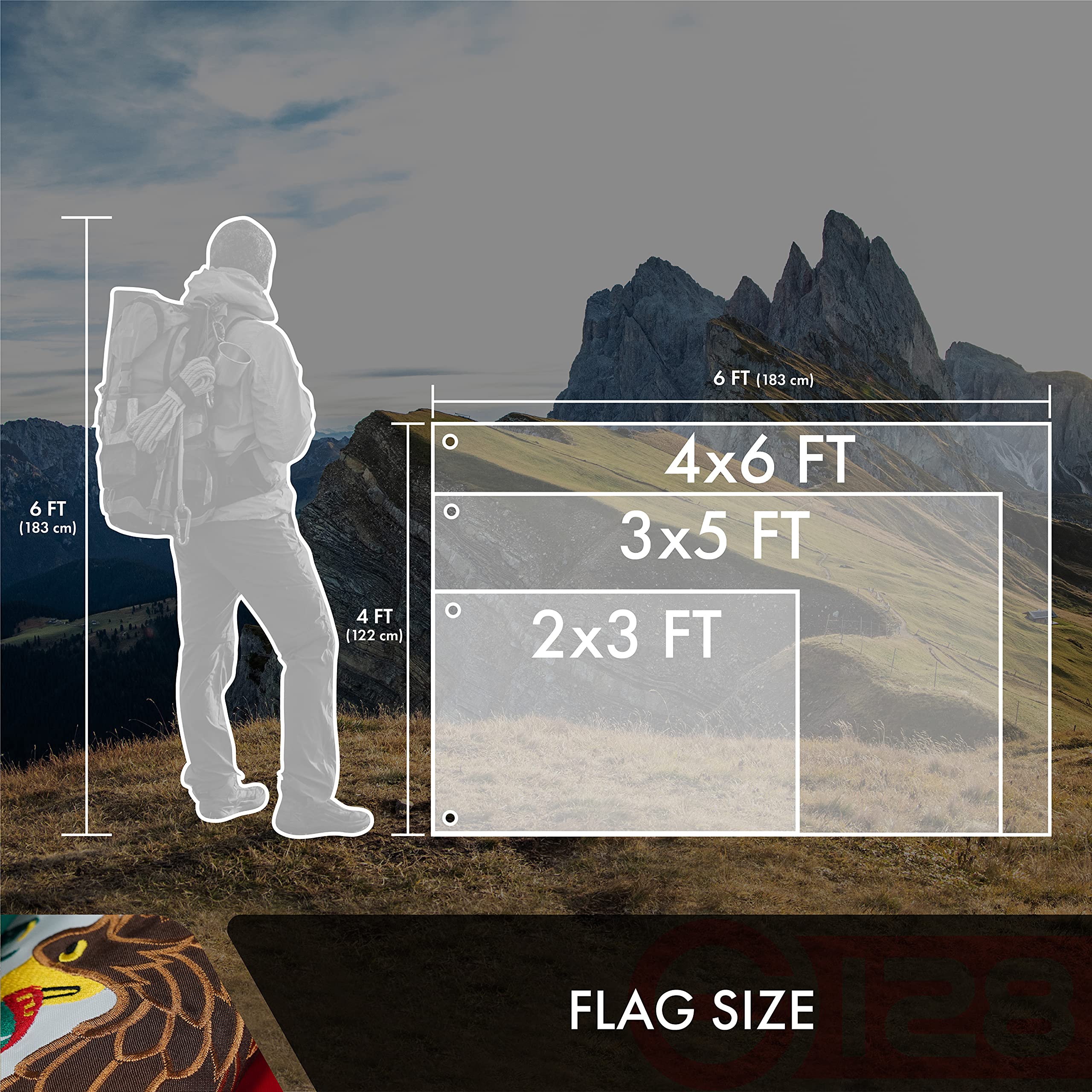 G128 Mexican flag packaging and scale comparison showing 3x5 ft size and ready-to-hang convenience
