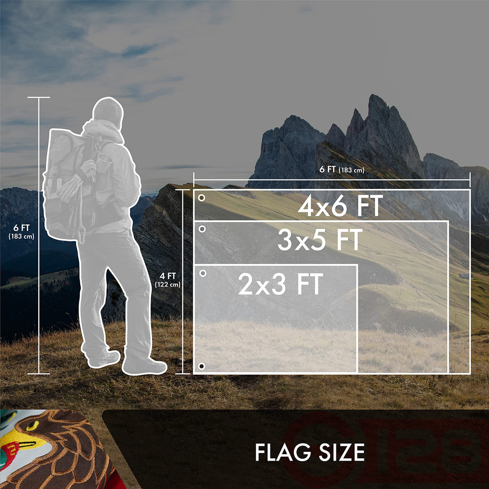 G128 Mexican flag packaging and scale comparison showing 3x5 ft size and ready-to-hang convenience
