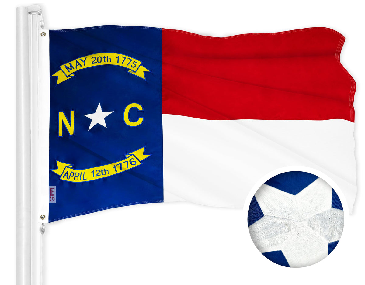 G128 flag front view showing full North Carolina emblem and clear design benefit