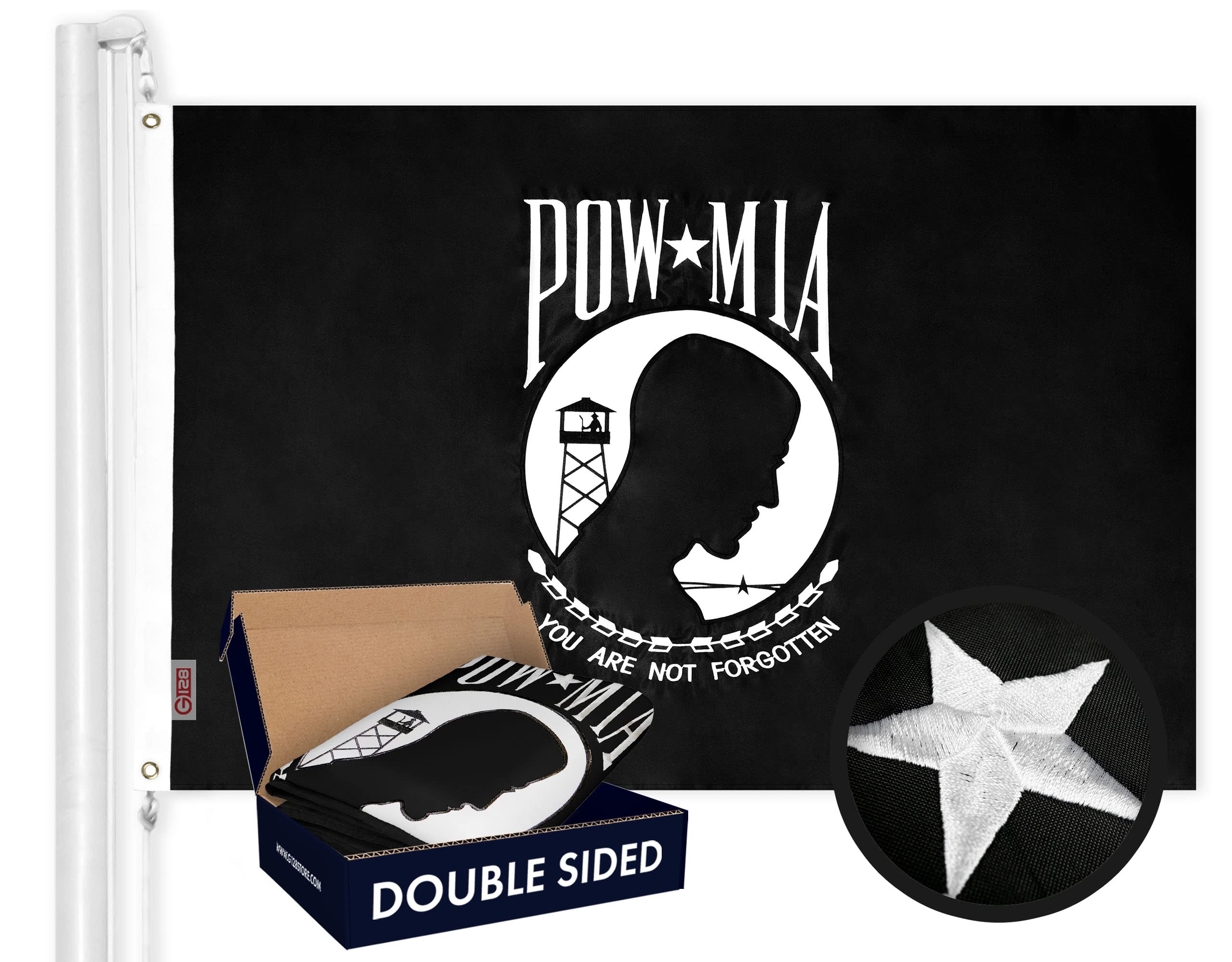 G128 POW MIA flag front view showing bold emblem and clear lettering for respectful display