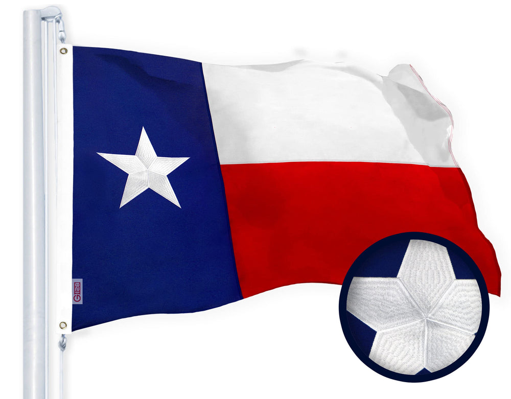 G128 Texas flag front view showing vibrant colors and durable fabric benefit display longevity