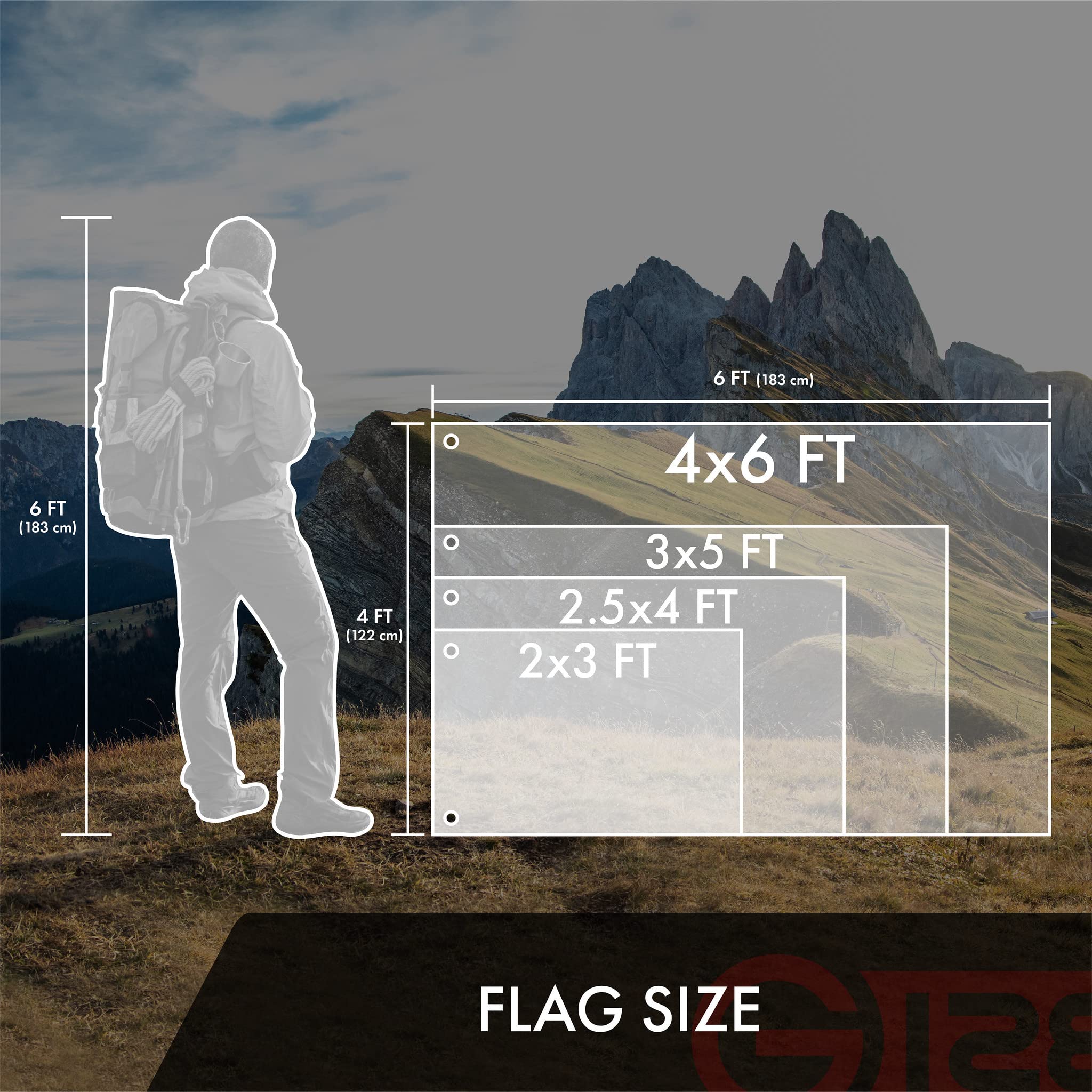 G128 folded flag beside a ruler showing 3x5 ft size and easy storage