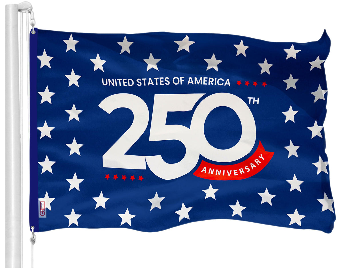 G128 front view of 250th anniversary flag showing clear commemorative design