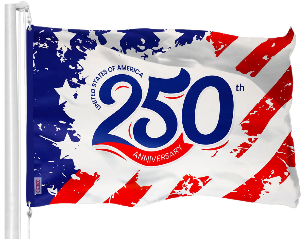 G128 front view of 250th flag showing bold red stripes and clear commemorative dates