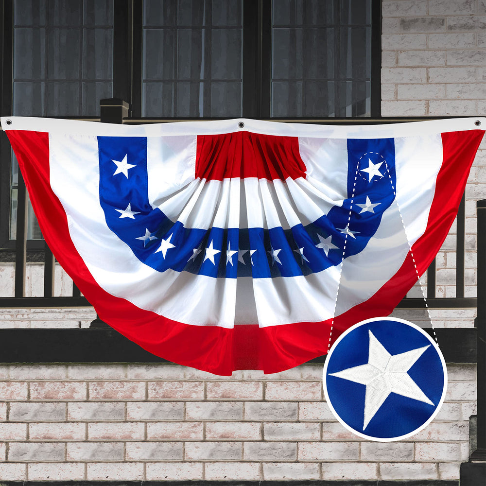 G128 front view of pleated fan flag showing full patriotic display and curb appeal