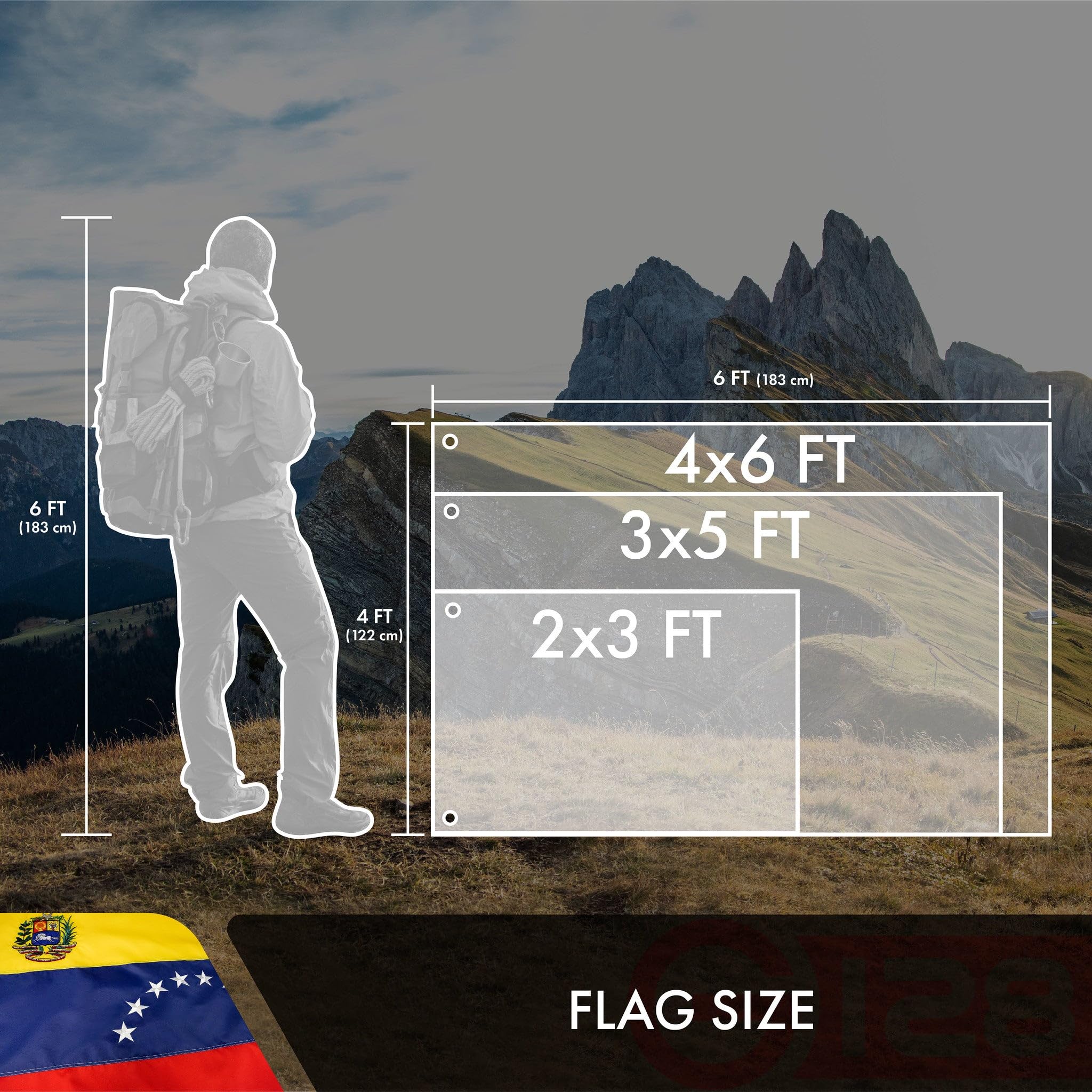 G128 flag next to a person for scale showing the 3x5 ft size and easy installation