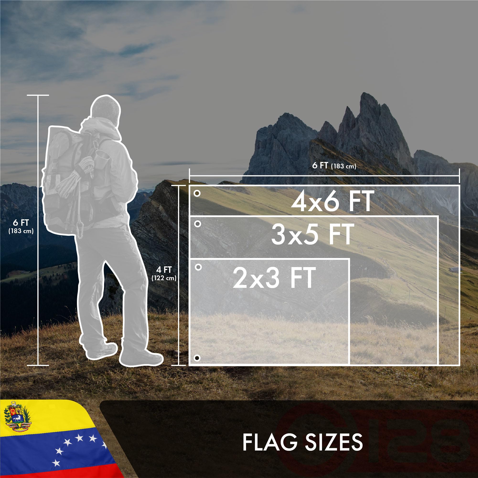 G128 flag next to common objects to show 4x6 ft scale and appropriate display size