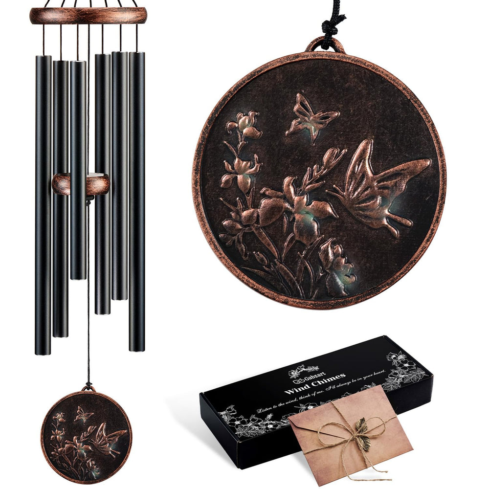 Gabzart front view of butterfly wind chimes showing vintage finish and tubes