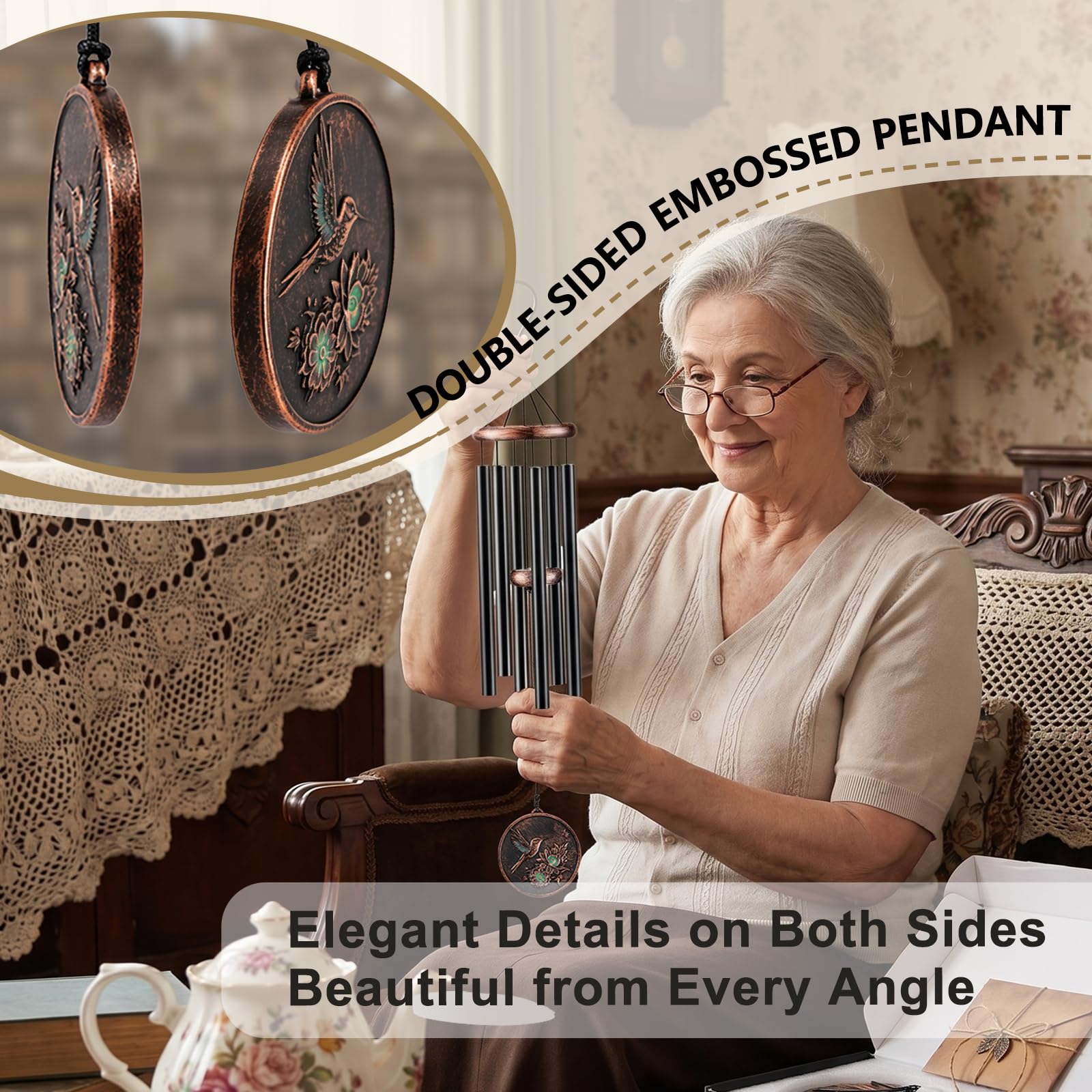 Gabzart chime beside chair showing true 32-inch scale and fit