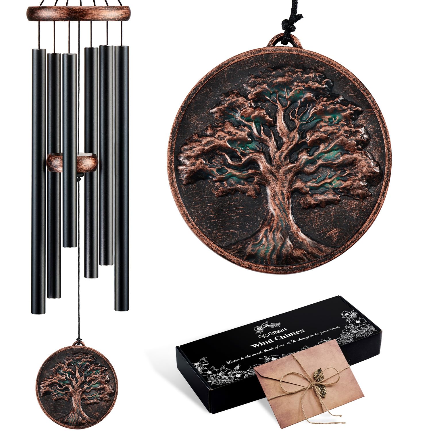 Gabzart tree of life front view showing vintage copper finish and full chime aesthetic
