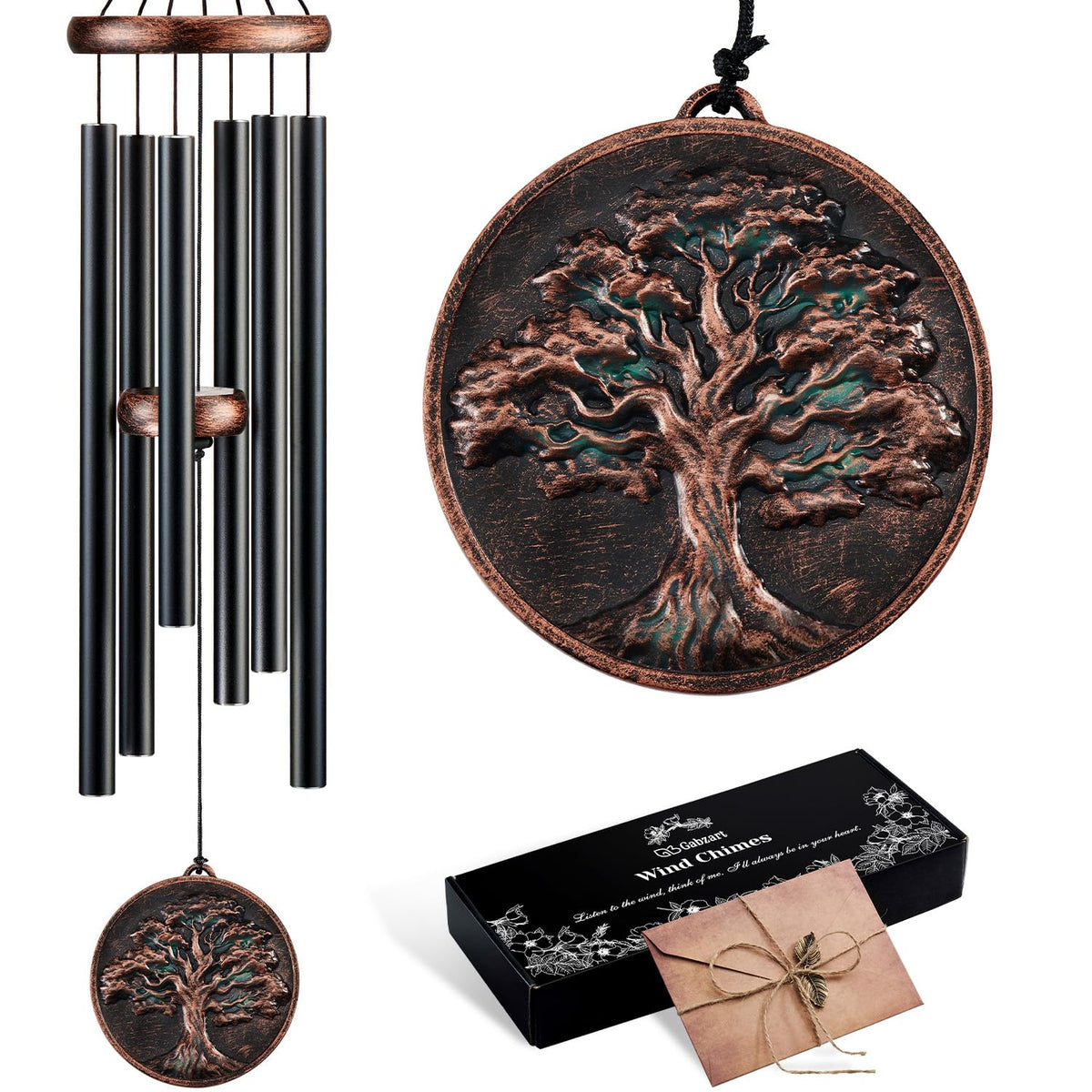 Gabzart tree of life front view showing vintage copper finish and full chime aesthetic