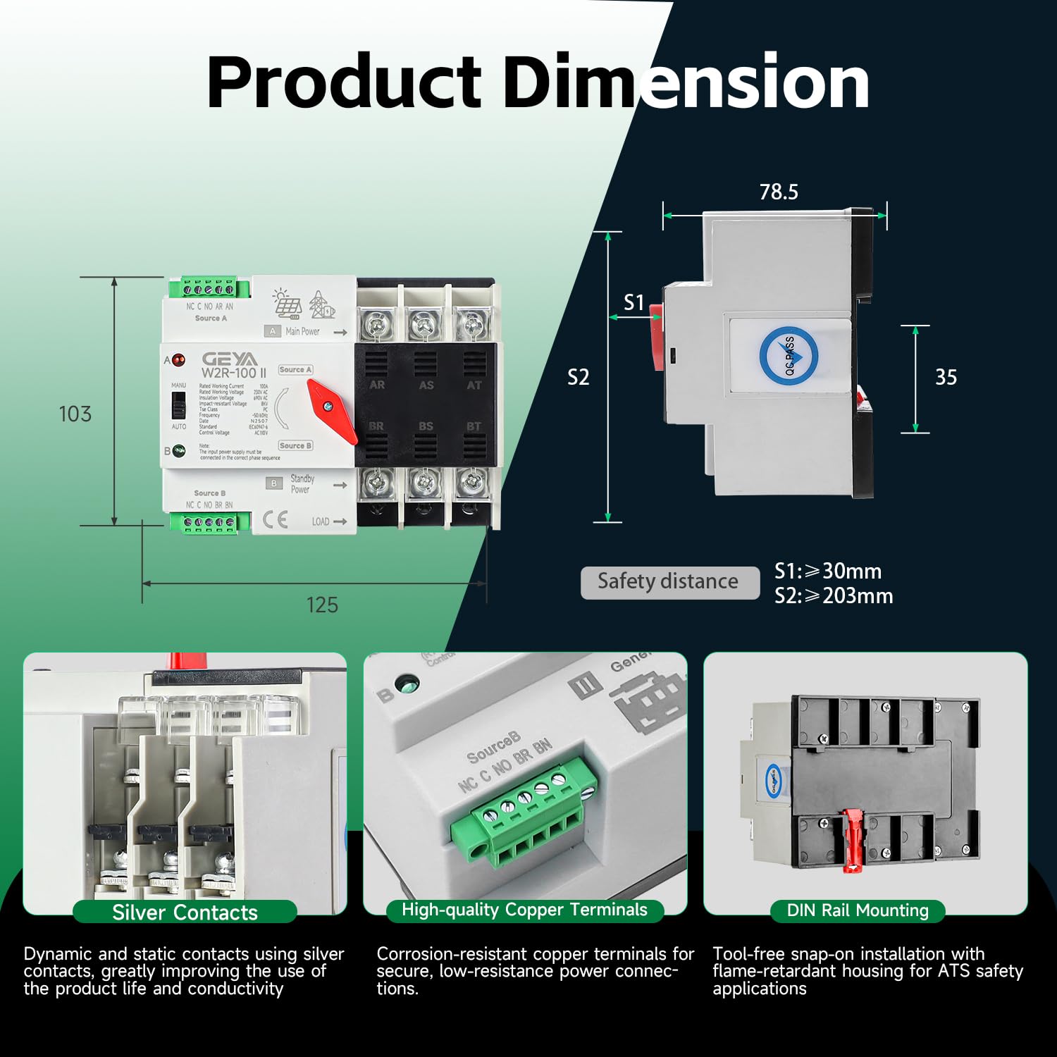 GAEYAELE ATS side view mounted on din rail demonstrating secure installation benefit