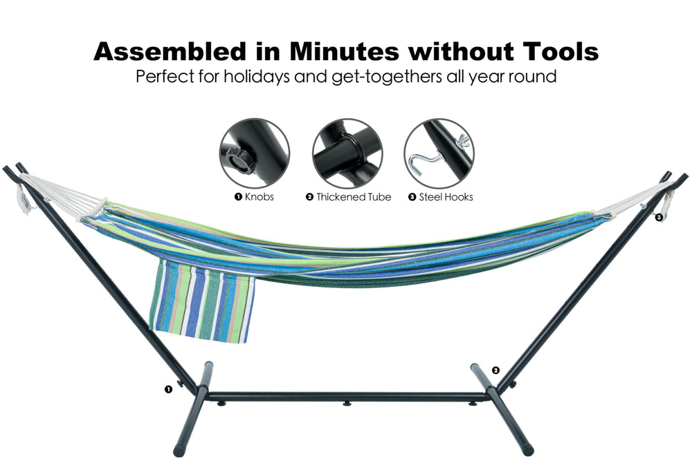gafete hammock stand next to chair showing 9-foot height and scale for placement