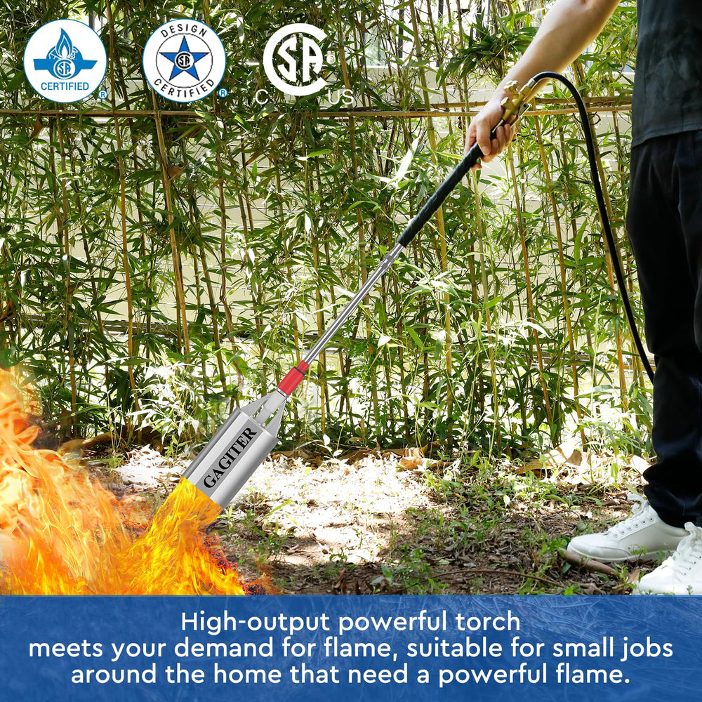 GAGITER torch beside ruler for size comparison and improved reach with 10ft hose