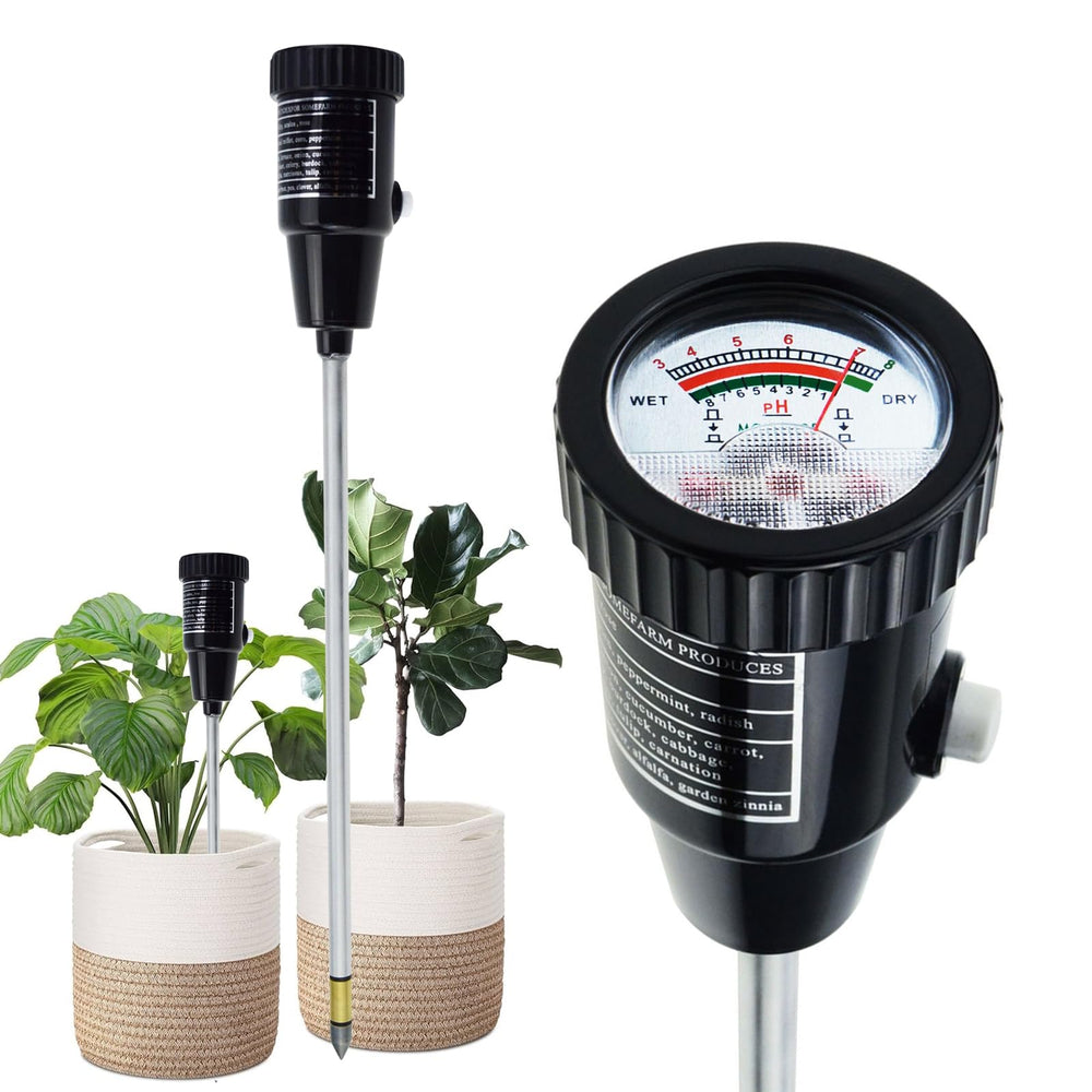 Gain Express front view of soil pH and moisture meter showing dual-readout and compact body for easy use