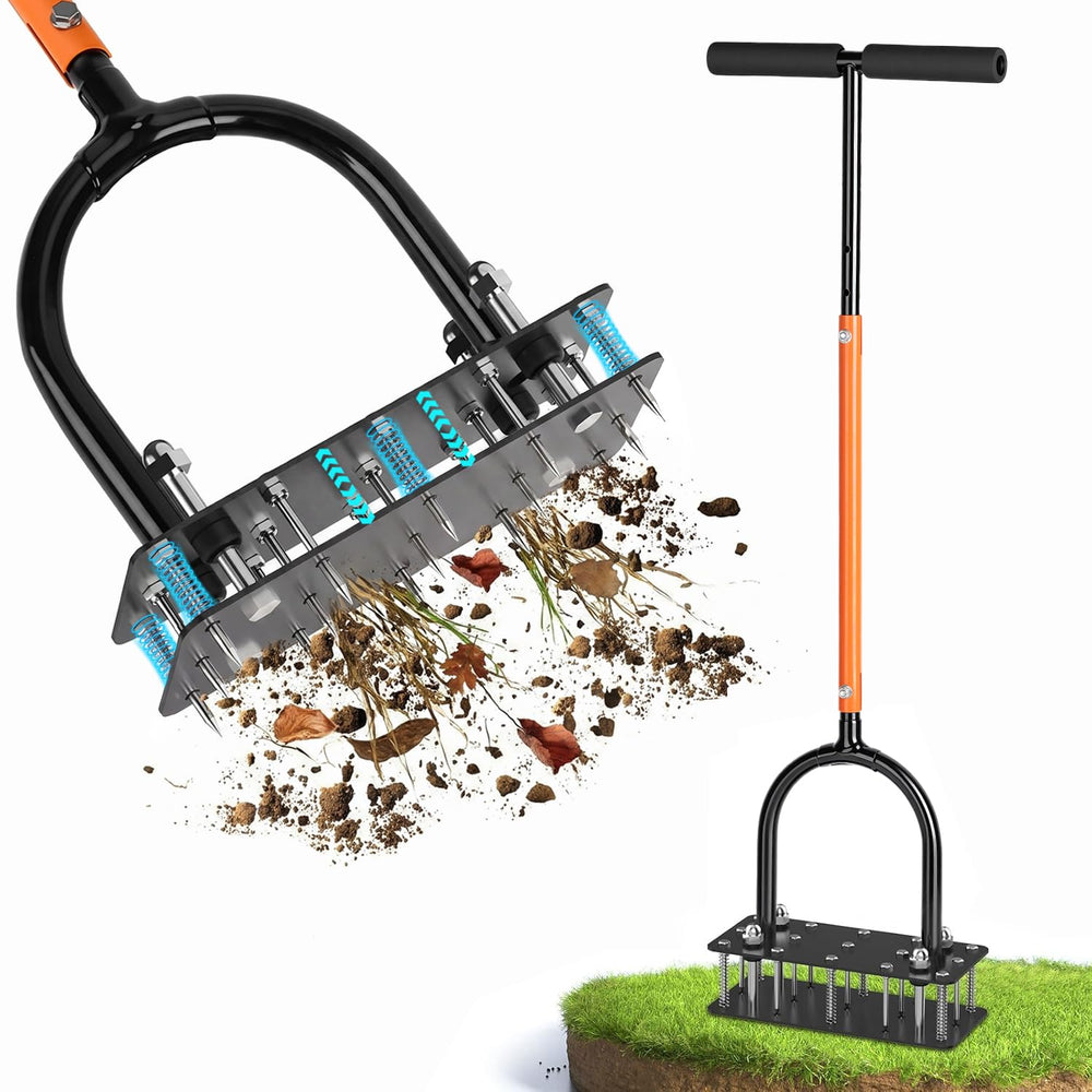 GAINO front view aerator showing 15 spikes and sturdy frame that speeds lawn aeration