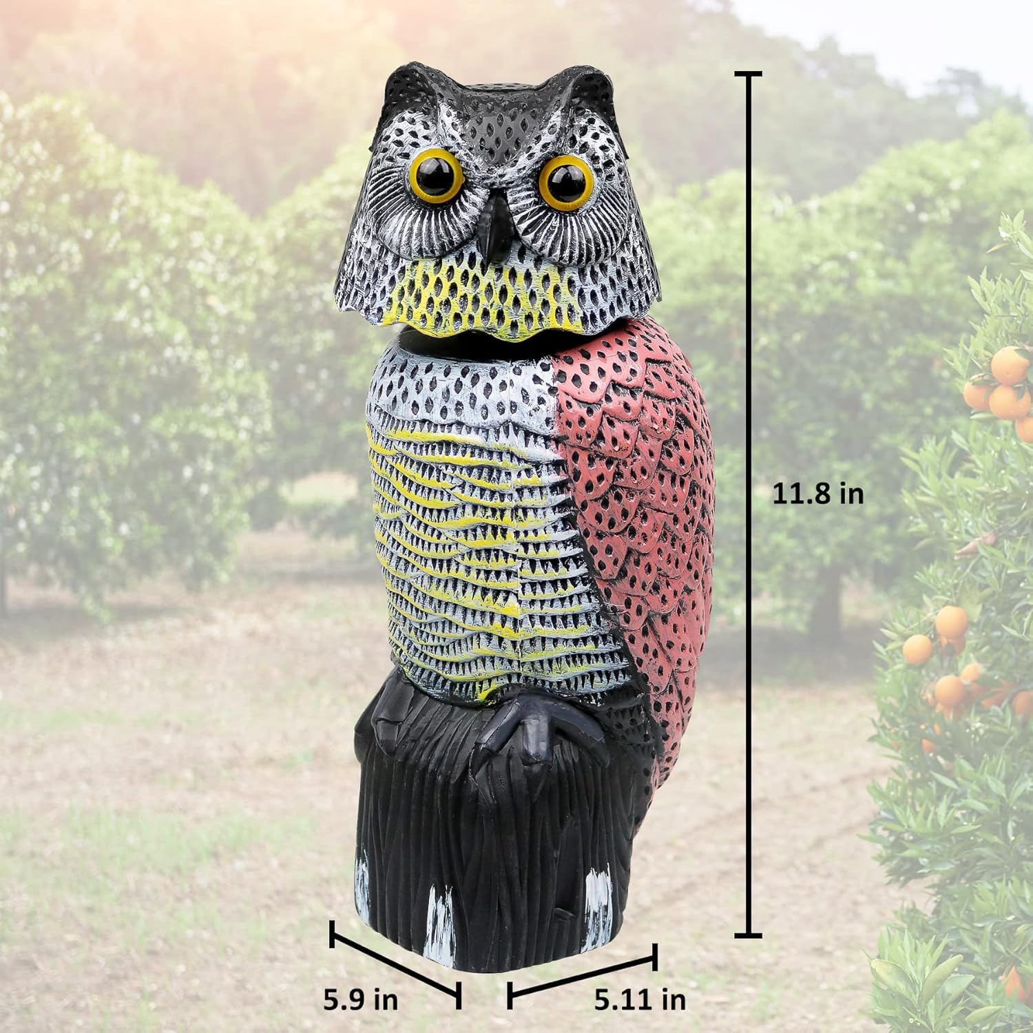 Galashield owl decoy in garden lifestyle scene protecting plants and fruit